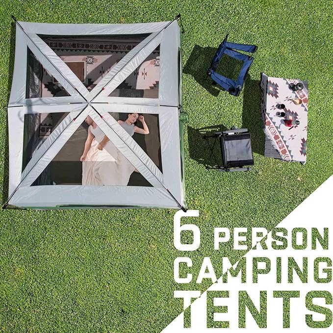 Happy Travel Tent 6 Person Tents for Camping, Waterproof Easy Setup Camping Tent with Rainfly, Portable Large Family Cabin Tent with 5 Large Mesh Windows and Carry Bag for Outdoor Camping & Hiking