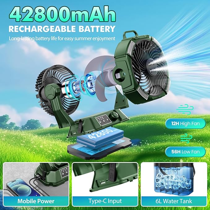 Misting Fan Portable 42800mAh Rechargeable with Remote Control, Mist Fan with 3 LED Light & Stepless Speed Control & Cooling Spray with 6L Bucket, Timer Function, Portable Handle, Rotate Hanging Hook