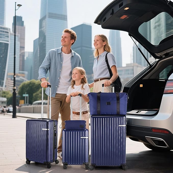 Hoteel 5 Piece Luggage Set (4-YEAR WARRANTY) ABS+PC Hardshell Carry on Suitcase with Spinner Wheels & TSA Lock for Men and Women, Rolling Suit Case for Plane, Travel, Dark Blue (20/24/28/DB/TB)