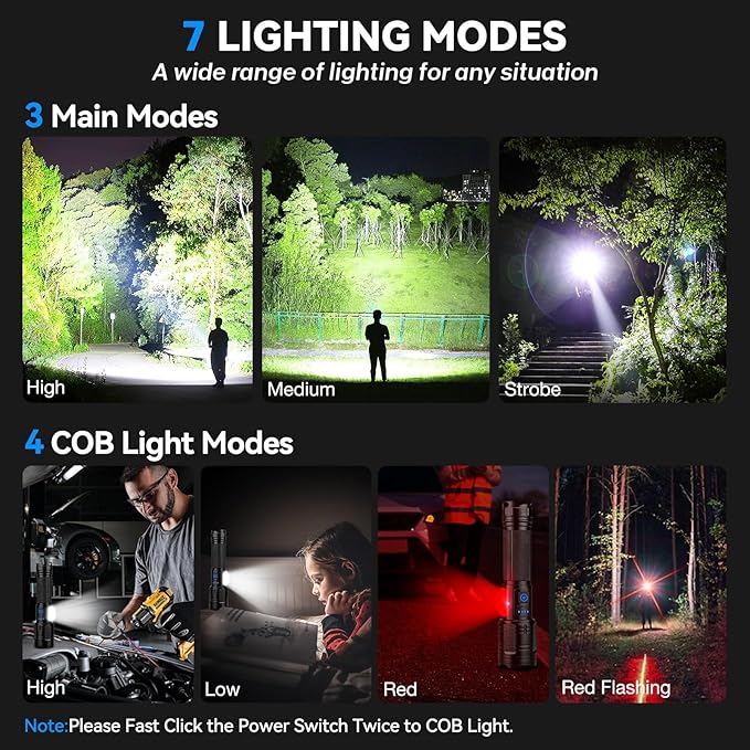 Flashlight Rechargeable 99,000 High Lumen - 2 Pack LED Flash Light with COB, 7 Modes Powerful Handheld Flashlight for Home, Camping (2)