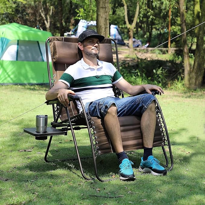 TIMBER RIDGE Oversized Zero Gravity Chair, 33In Wide XXL Zero Gravity Reclining Chair with Side Table, Full Padded Lounge Chair for Outdoor Camping Patio Lawn, Heavy Duty Supports 500lbs, Brown-2 Pack