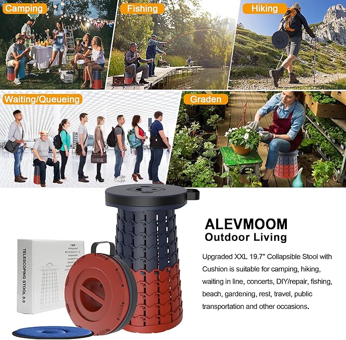 ALEVMOOM Upgraded XXL 19.7" Collapsible Stool, Heavy Duty Portable Folding Stool Max Load 1000 lbs, Retractable Telescoping Foldable Seat for Camping Fishing Hiking Travel BBQ