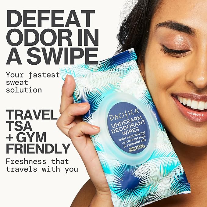 Pacifica Beauty Coconut Milk & Essential Oils Underarm Deodorant Wipes, Helps Remove Odor, Aluminum-Free, Vegan & Cruelty-Free (Pack of 8) | 240 wipes Total
