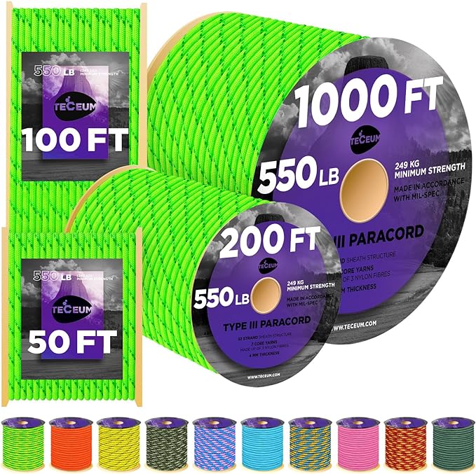 TECEUM 5/32" Paracord Rope 1000 – 1000ft / 200ft / 100ft / 50ft – Tactical Parachute Cord 4mm – 45+ Colors – Nylon String for Survival & Camping Gear – Stripe Cord for Survival – Utility Rope