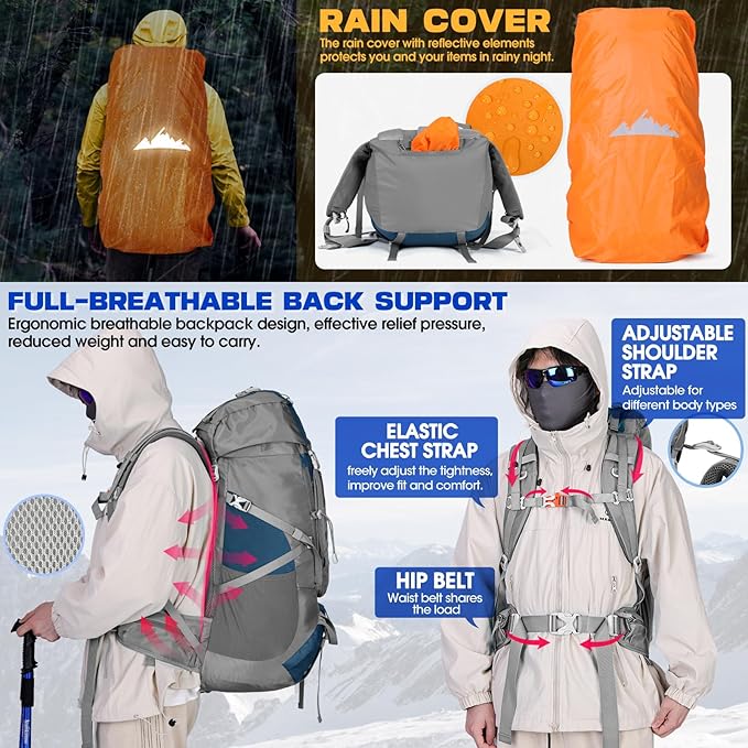 IGOLUMON 60L Hiking Backpack Waterproof Camping Backpack with Rain Cover Large Lightweight Backpacking Backpack for Men Women