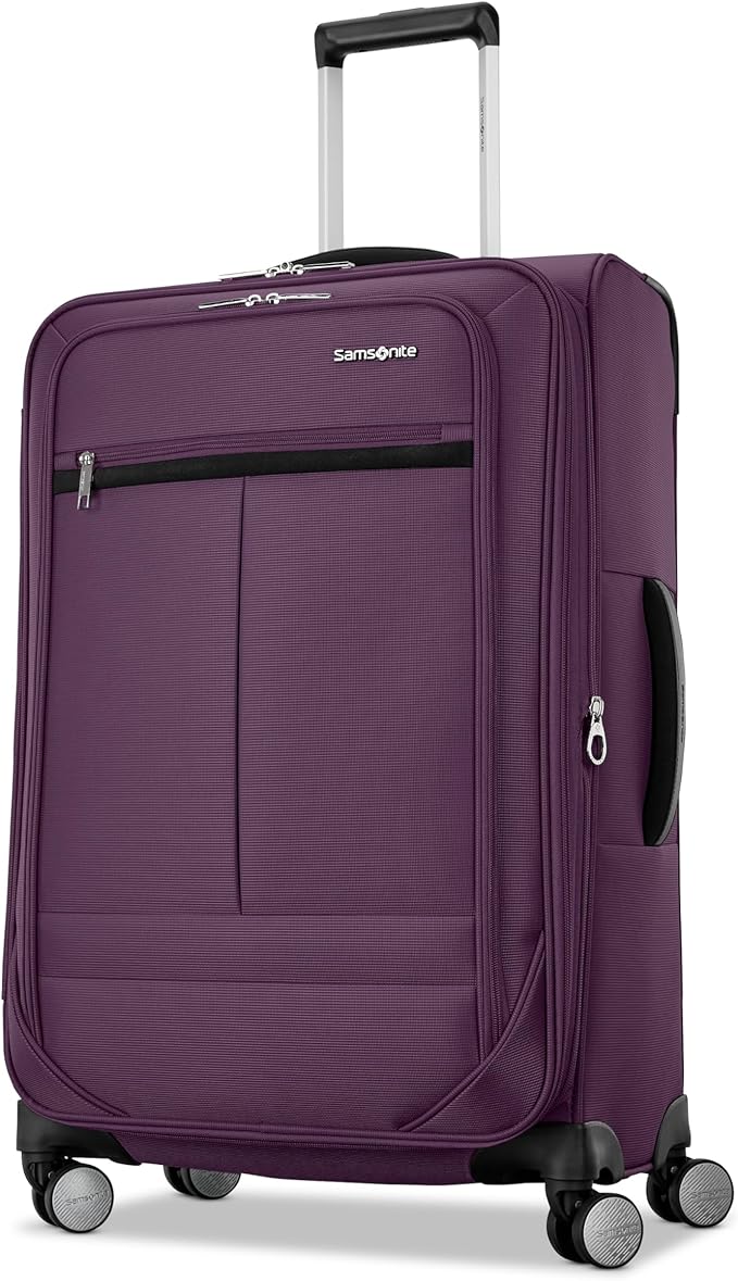 Samsonite Soft-Sided 25-Inch Lightweight Medium Checked Expandable Element Suitcase: Durable, 360° Spinner Wheels, Adjustable Telescopic Handle, 2 Front & 1 Side Pocket- Purple