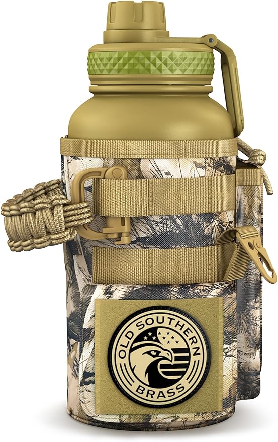 Combat Canteen - 32oz Insulated Water Bottle with Paracord Handle, Stainless Steel Water Jug with Rugged Pockets for Keys, Wallet & Phone - Woodland Camo