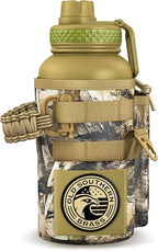 Combat Canteen - 32oz Insulated Water Bottle with Paracord Handle, Stainless Steel Water Jug with Rugged Pockets for Keys, Wallet & Phone - Woodland Camo