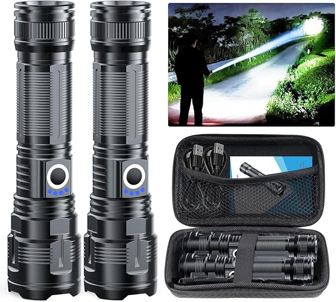 Flashlights High Lumens Rechargeable USB C Flash Light, Super Bright LED Flashlight with Case Box, Long Beam 3280Ft, Waterproof Tactical Flashlight Powerful for Emergency, Camping