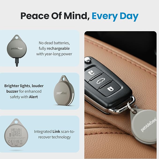 Pebblebee Clip 5 | Rechargeable Bluetooth Tracker Tag for Keys & Bags | Alternative to Air Tag & Android Trackers | 130 dB Siren, Bright LED Strobe, 12-Month Battery, Alert Safety Mode & Phone Finder