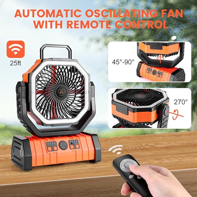 Odoland 30000mAh Camping Fan with LED Lantern, Rechargeable Battery Operated Oscillating with Remote Hook, Portable Tent Fan with Timer, 4 Speeds for Outdoor RV Jobsite Power Outage,Orange
