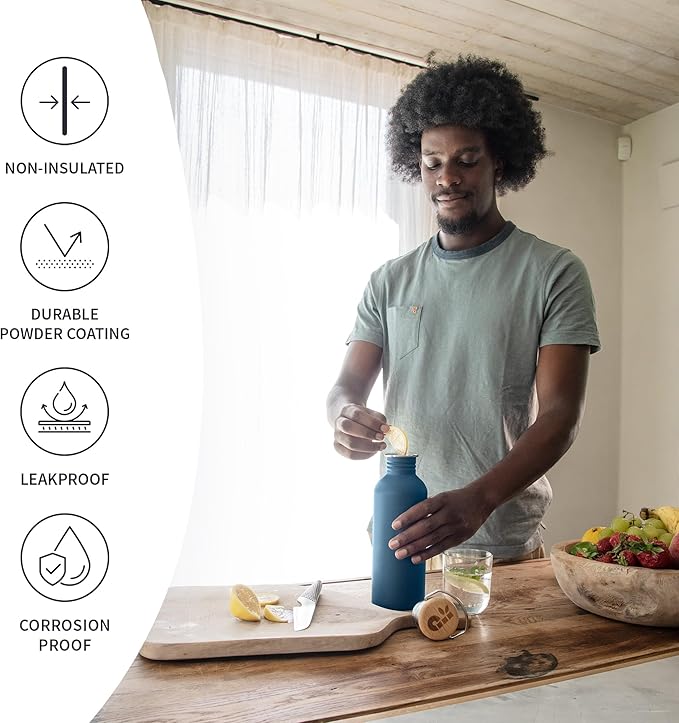 Bambaw Small Metal Water Bottle 16 oz, Navy Blue, Non-insulated Single Wall Stainless Steel, Reusable, No Straw Aegean Blue