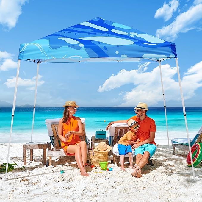 EAGLE PEAK 10x10 Slant Leg Pop-up Canopy Tent Easy One Person Setup Instant Outdoor Beach Canopy Folding Portable Sports Shelter 10x10 Base 8x8 Top (Blue Abstract)