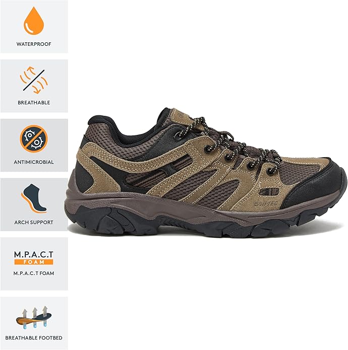 HI-TEC Ridge Low Waterproof Hiking Shoes for Men, Lightweight Breathable Outdoor Trekking and Trail Sneakers, Sizes 7 to 15, Medium and Wide Width