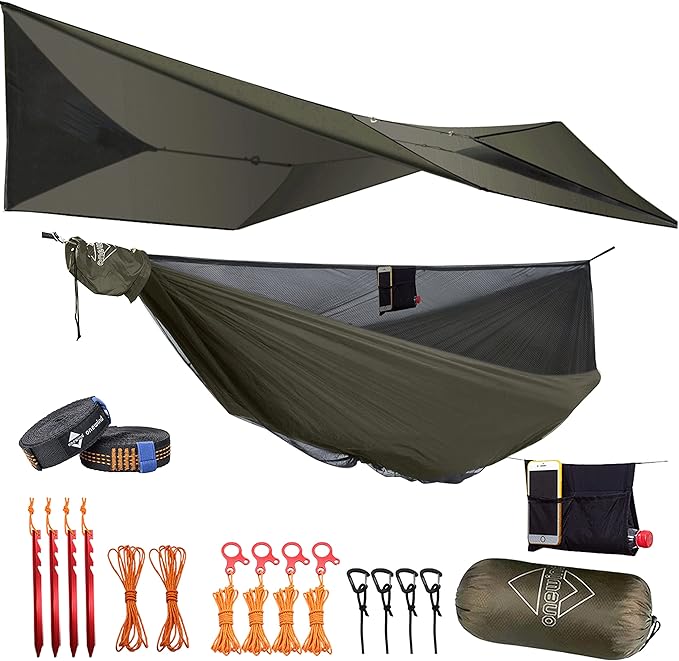 onewind Camping Hammock with Rain Fly and Bug Net Portable Lightweight 11ft Double Hammock with 12ft Ultralight Silnylon Tarp and Mosquito Net Ridgeline 12Ft Tree Straps for Camping Hiking Backpacking