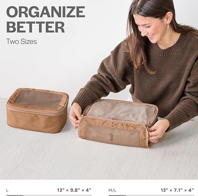 Compression Packing Cubes for Travel - Luggage Organizer Bags - Double Zipper Packing Cubes for Suitcases (2-Pack, Mocha)