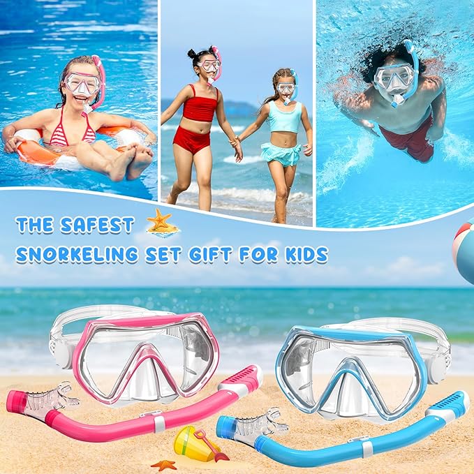 Snorkeling Gear for Kids, Kids Snorkel Set for Ages 6-14, Dry Top Snorkel, Mask Set Kid Swimming Goggles Diving Mask Combo Set Anti-Fog Panoramic View Scuba Packages