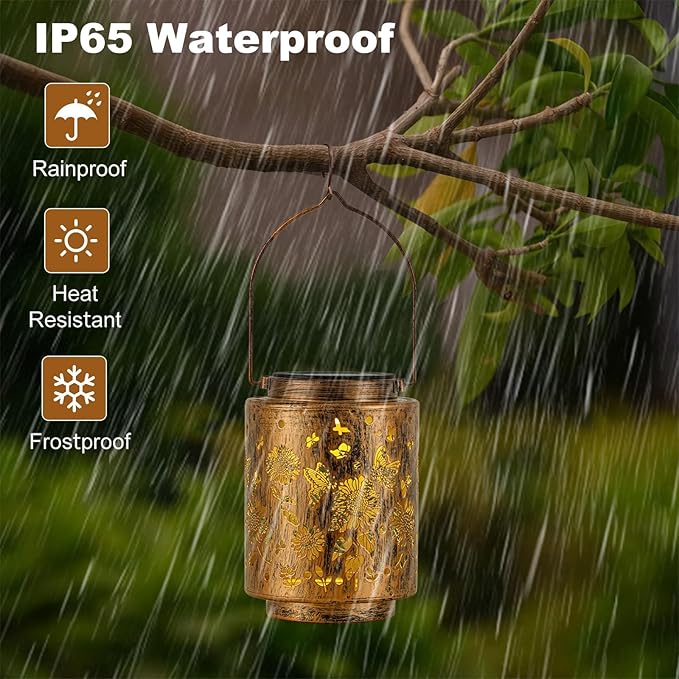 Hanging Solar Lanterns for Outside Sunflower and Butterfly Decorative Lights Warm Glow with Metal Finish Garden Lanterns Waterproof Gifts for Women Patio Décor