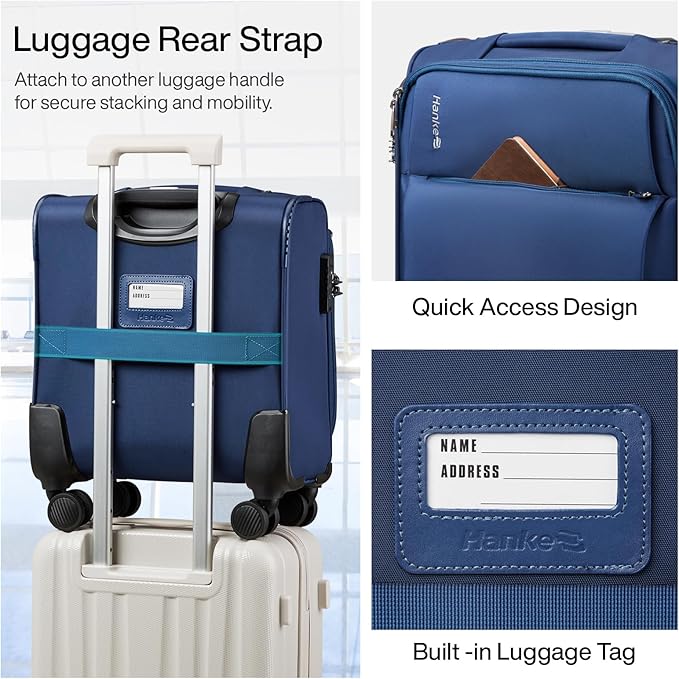 Hanke 16 Inch Underseat Carry On Luggage with Spinner Wheels Airline Approved, Small Rolling Suitcase Softside Underseater Lightweight TSA Travel Roller Suitcase Carry-On Bag(Blue)