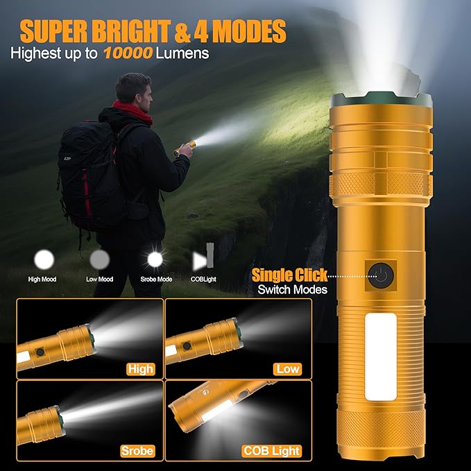 Rechargeable Flashlights High Lumens 10000 Long Lasting, 4 Modes with Side COB Light, Super Bright LED Flashlight USB C Input & Output, Powerful Strong Flash Light for Hiking Camping