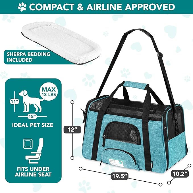 PetAmi Airline Approved Pet Carrier for Cats & Small Dogs, Soft Sided TSA Travel Carrier Bag Sherpa Bed, Breathable Mesh Ventilation, Collapsible Bowl, Fit Under Seat, Up to 18 lbs, Large Heather Blue
