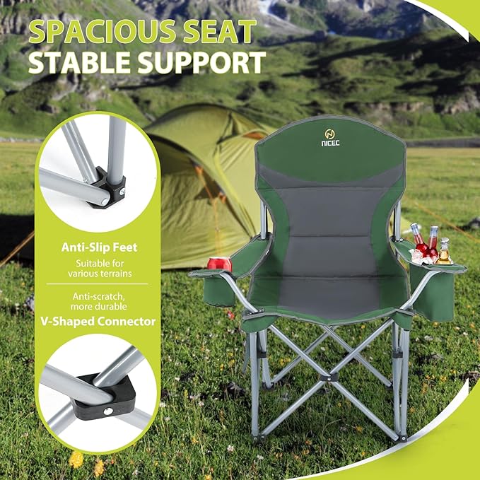Nice C Camping Chair, Portable Chair, Lawn Chairs, Outdoor Chairs, with Armrest, Cooler Bag, Cup Holder, Side Pocket, for Camping, Traveling, Picnic (Green&Grey 2-Pack)
