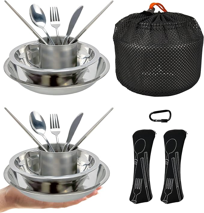Stainless Steel Camping Mess Kit - Person's Complete Picnic & Camp Dish Set, Includes Plate, Bowl, Cup & Utensils