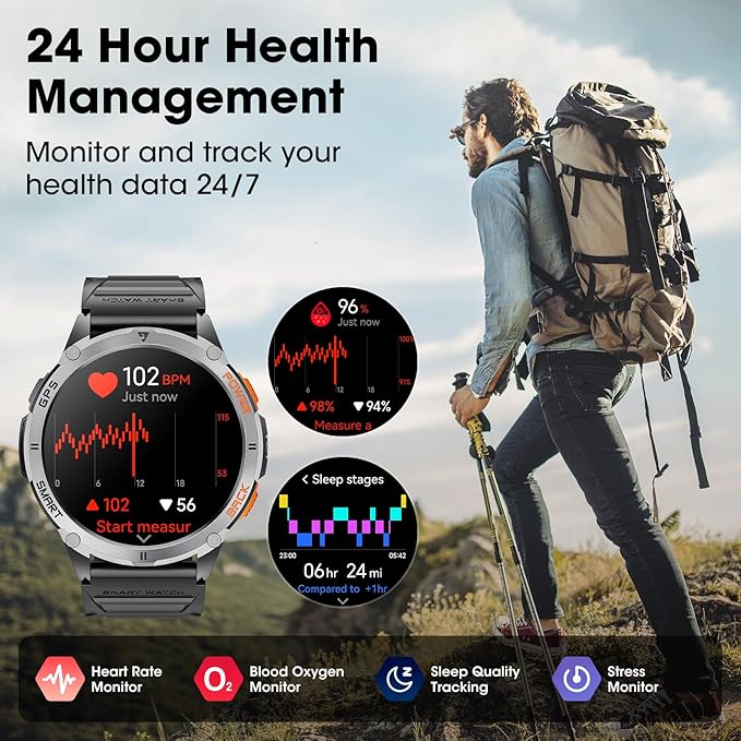 Military Smart Watch for Men with GPS, 1.43" AMOLED Bluetooth Call Smartwatch with LED Flashlight, Rugged Smart Watches for Android iOS, IP68 Waterproof Fitness Tracker with Heart Rate (Black)