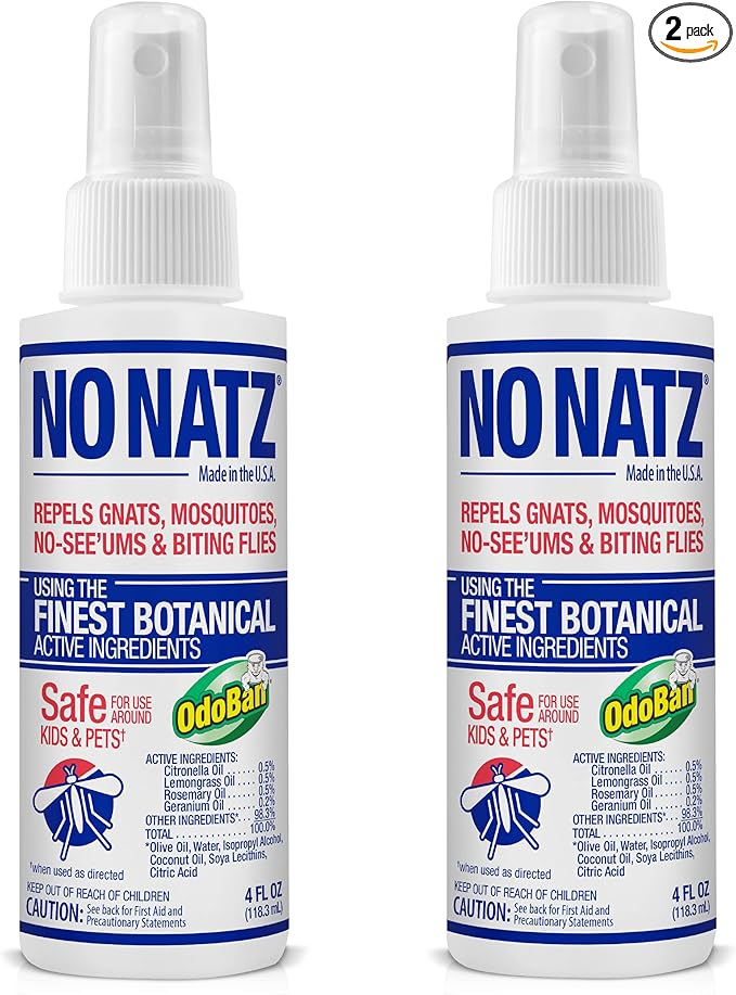 No Natz Botanical Bug Repellant, Effective for Gnat, Mosquito, and Biting Flies, Hand-Crafted and DEET-Free, Non-Greasy Formula, Made in The USA, 4 Ounce Spray Bottle, 2-Pack