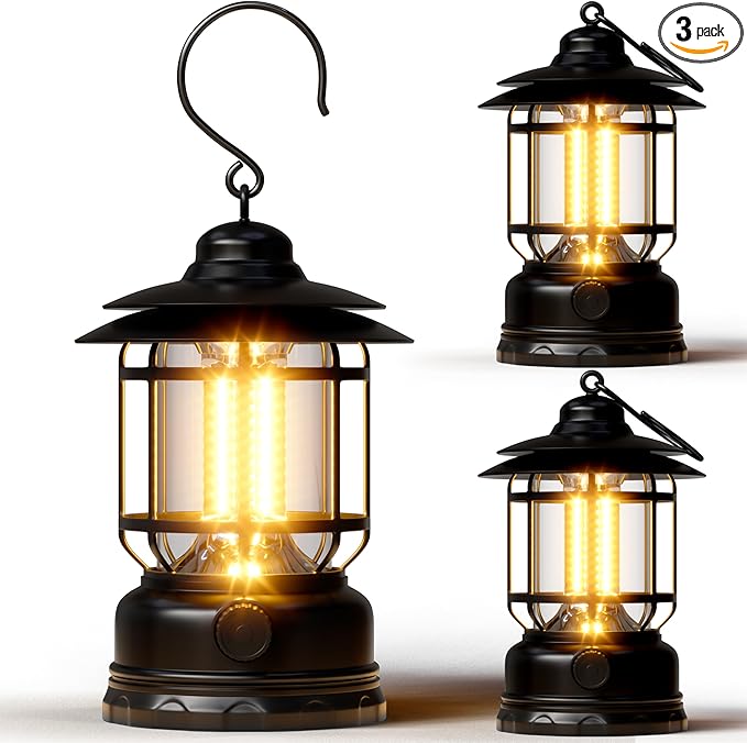 Retor LED Camping Lanterns Black 3 Pack 1500 LM Step-Less Dimming, Lightweight Battery Powered USB Rechargeable Flashlight Survival Kits Indoor Outdoor Home Camping Emergency Outages Hiking Light