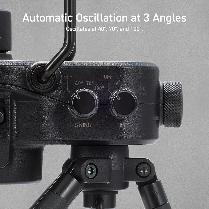 NESTOUT Outdoor Camping Fan with Tripod, 4 Speed Settings & Breeze Mode, 3 Angle Oscillation, 90° Adjustable Tilt, Timer (30/60/90 mins), USB C Compatible, Portable Tent Fan (Black Full Kit)