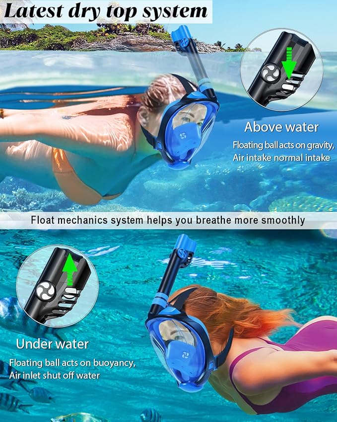 W WSTOO Full Face Snorkel Mask Adults,Suitable for Beginners Dry Top Snorkeling Gear,Can Your Mouth or Nose to Breathe,180 Degrees Panoramic View,Anti-Fog Anti-Leak,Summer Travel and Vacationing Gifts