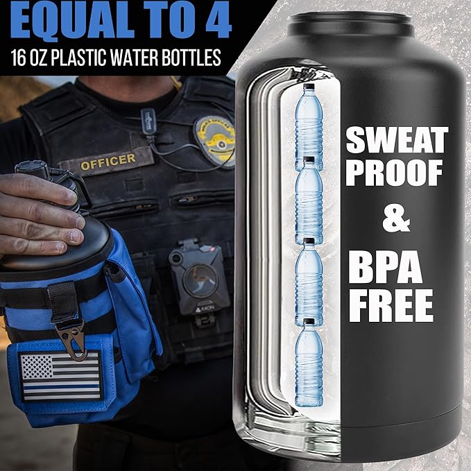 Iron Infidel Battle Bottle - Half Gallon Insulated Water Bottle with Paracord Handle, Large 64 oz Stainless Steel Water Jug with Rugged, Removable Sleeve for Keys, Wallet & Phone (Blue Line 2 Liter)