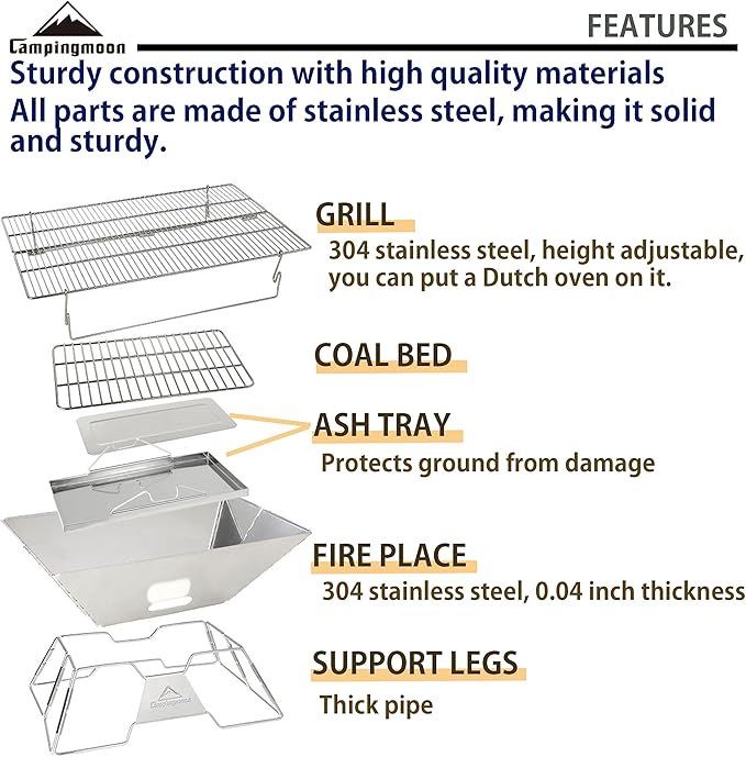CAMPINGMOON Portable Camping Fire Pit Stainless Steel Foldable Collapsible BBQ Grill Wood Burning Charcoal 20x13-inch with Carrying Bag MT-3
