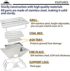 CAMPINGMOON Portable Camping Fire Pit Stainless Steel Foldable Collapsible BBQ Grill Wood Burning Charcoal 20x13-inch with Carrying Bag MT-3