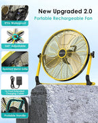 ZHULI 14" Portable Battery Operated Floor Fan, Rechargeable Cordless Camping Fan, Hi-Velocity Brushless Motor, Metal blade, USB Phone Charge, 8~60H Runtime, Quiet, Wireless, For Outdoor Home Workshop