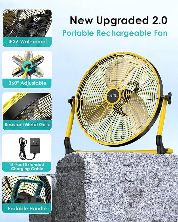 ZHULI 14" Portable Battery Operated Floor Fan, Rechargeable Cordless Camping Fan, Hi-Velocity Brushless Motor, Metal blade, USB Phone Charge, 8~60H Runtime, Quiet, Wireless, For Outdoor Home Workshop