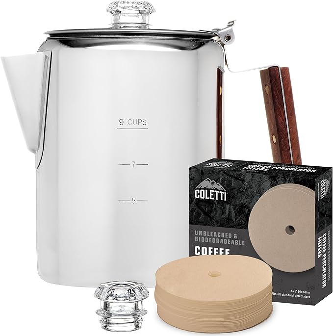 COLETTI Bozeman Super Bundle — Camping Coffee Pot, 2x Glass Globes, 100-Pack of Natural Filters — Camping's Best Percolator – Pure Stainless Steel [9 Cup Bundle]