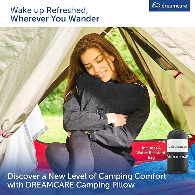 DREAMCARE Camping Pillow, Memory Foam Travel Pillow, Camping Accessories - Small Pillow Camping Essentials Camping Pillows for Sleeping, Backpacking Pillow, Travel Pillows for Sleeping (Medium,Black)