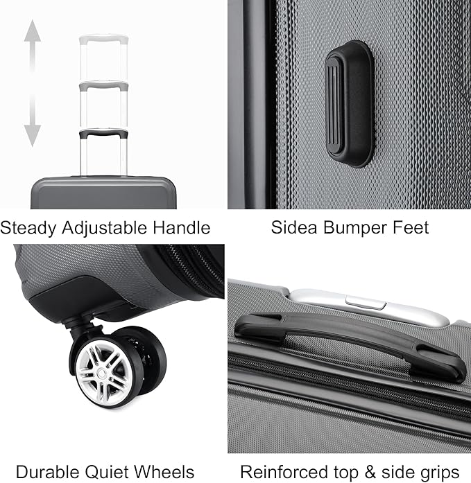 Kono 3 Piece Luggage Sets Expandable(only 28") Lightweight with Spinner Wheels TSA Lock Hardside Travel Rolling Suitcases 20in 24in 28in Carry on Grey