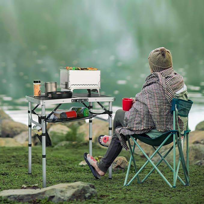 REDCAMP Small Folding Grill Table for Outside, 2Ft Lightweight 4 Height Adjustable Portable Metal Table with Mesh Desktop, Outdoor Table for Camping Picnic Beach and BBQ, Silver