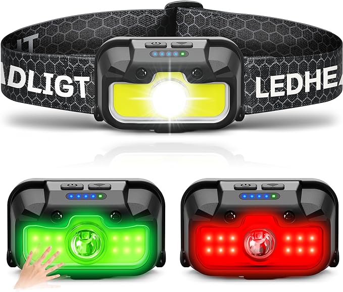 Headlamp Rechargeable, 1300 Lumen Ultra-Bright Head Lamp with Red Light, Waterproof Motion Sensor Head Lights for Forehead with White Green, 14 Modes Adjustable Headlight for Camping
