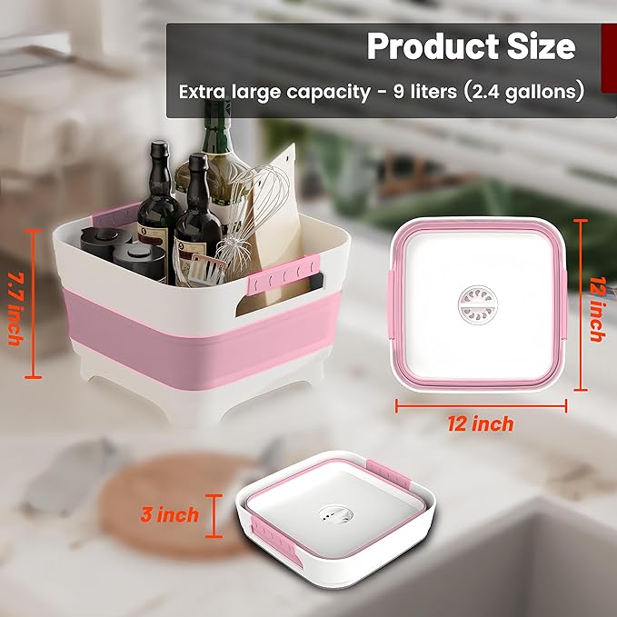 2.4 Gal Collapsbile Wash Basin with Drian Plug,9L Dish Pan for Soaking Baby Bottles,Portable Sink, Multiuse Foldable Bucket,Ice Beverage Tubs for Camping, Vegetable Washing, RV (Pink)