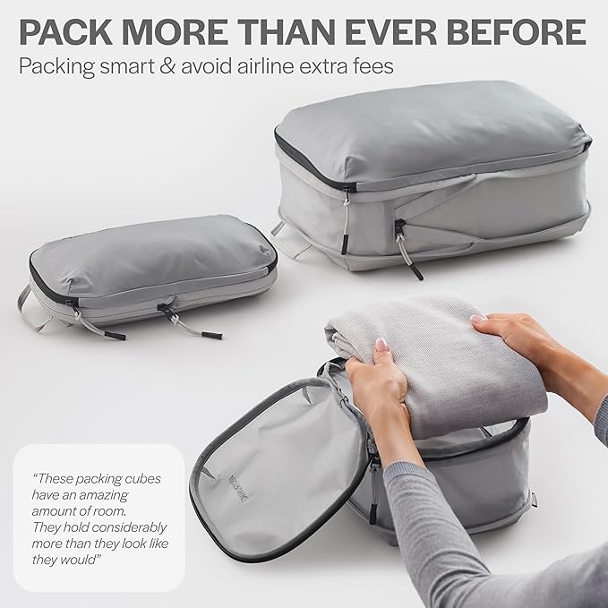 Ultralight Compression Packing Cubes - Lightweight Travel Organizers for Suitcases and Luggage (3-Pack, Light Grey)