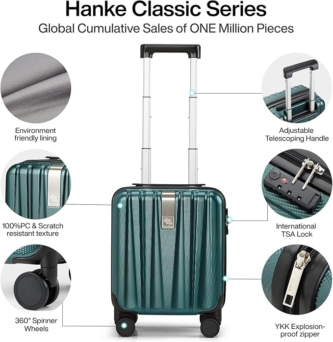 Hanke 14 Inch Underseat Carry On Luggage with Wheels Hard Shell Suitcases Lightweight Small Luggage for Weekender Mini Suitcase Carry On Bag Travel Luggage for Travel Rolling Suitcase.(Blackish Green)