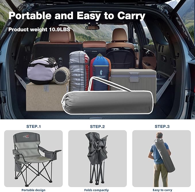 2 Pack Oversized Folding Camping Chair, Heavy Duty Support 500LBS Outdoor Chair with Cup Holder Storage and Cooler Pouch, Collapsible Padded Arm Chair for Sports Garden Beach Fishing, Grey