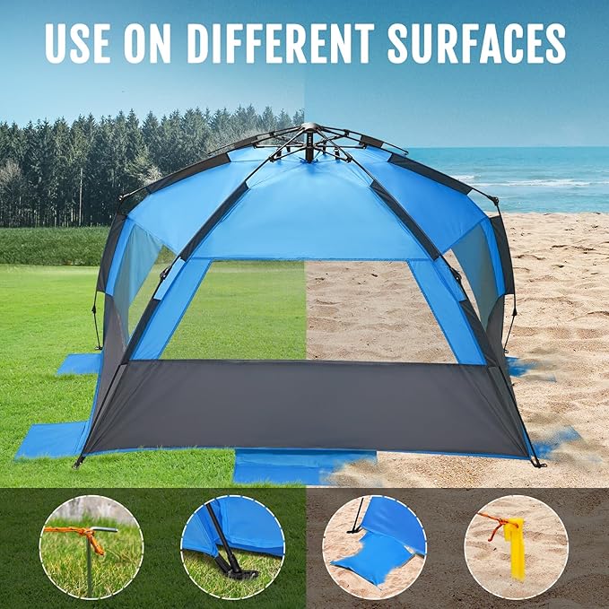 WhiteFang Deluxe Pop Up Beach Tent Sun Shade Shelter for 3-4/5-6 Person, UV Protection, Extendable Floor with 3 Ventilating Windows Plus Carrying Bag, Stakes, and Guy Lines