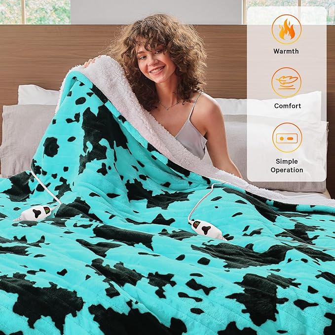 Cow Print Heated Electric Blanket Twin Size,62X84 Green Heating Blanket with 10 Heats Levels & 8 Hours Auto Off,Highland Cow Fleece Sherpa Blankets Warmer Gifts for Women Adults Couch,Washable,ETL