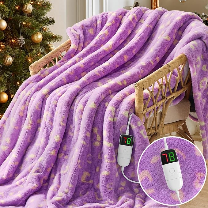 Leopard Print Heated Electric Blanket Twin,62X84 Purple Heating Blanket with 10 Heats Levels & 8 Hours Auto Off,Cute Cheetah Decor Sherpa Blankets Warmer Gifts for Women Couch Office,Washable,ETL