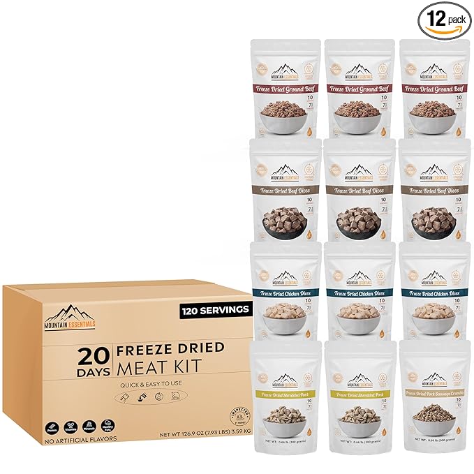 MOUNTAIN ESSENTIALS Freeze-Dried Meat Variety Kit – 3 Chicken Dices, 3 Beef Dices, 3 Ground Beef, 2 Shredded Pork & 1 Pork Sausage Crumble | 10 Servings per Pouch | Shelf-Stable Daily Meals, Camping & Emergency Food | Made in USA